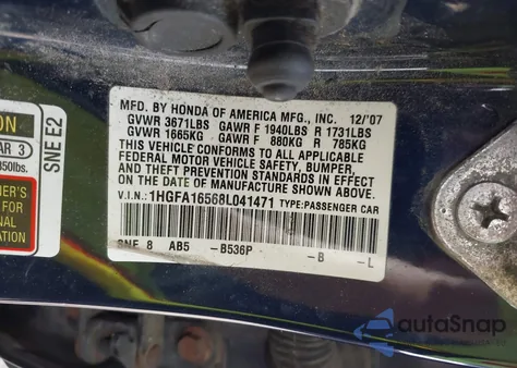 2008 Honda Civic Lx from USA, damaged, VIN 1HGFA16568L041471